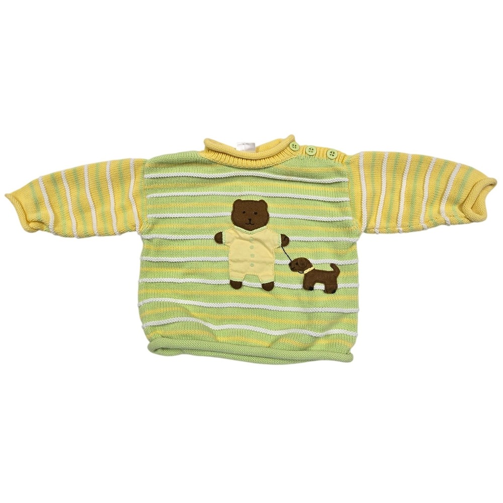 Hanna Andersson Baby Sweater 70 Green Yellow Striped Bear Dog Cotton Knit Peru